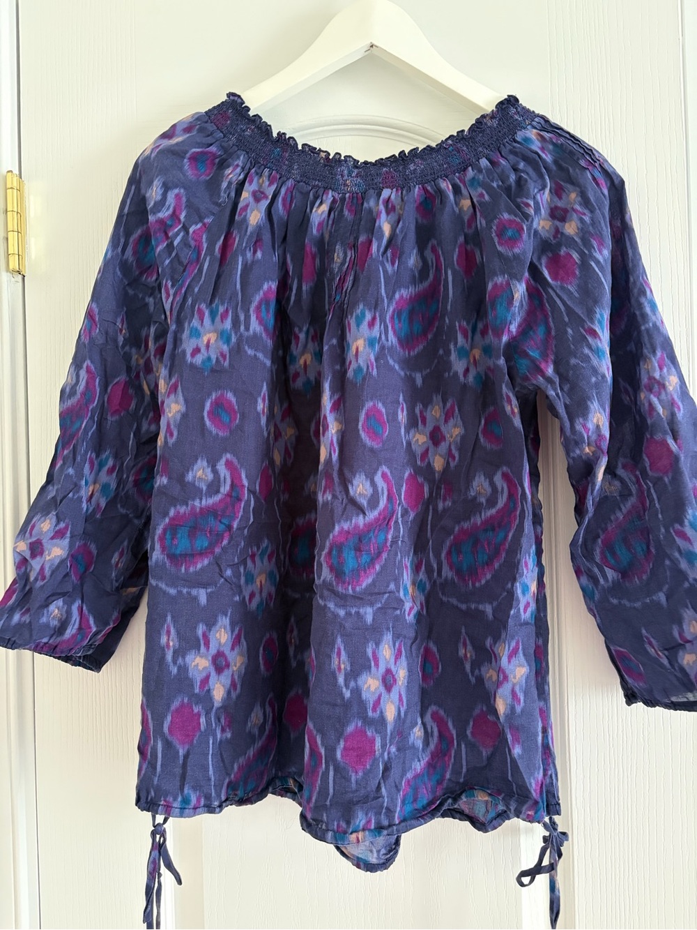 Lucky Brand Navy and Purple Paisley Smocked Neck Tunic